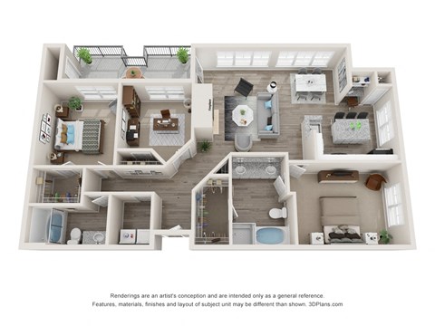 Floor plan for 3 beds, 2 baths, 1372 sqft